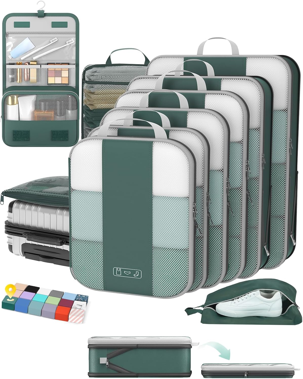 10 Set Compression Packing Cubes for Travel Essentials,Compressible Expandable Space Saver Bags for Organizing Clothes,Luggage Suitcase Garment Bags with Over 1000 pcs Mesh Holes(Black)