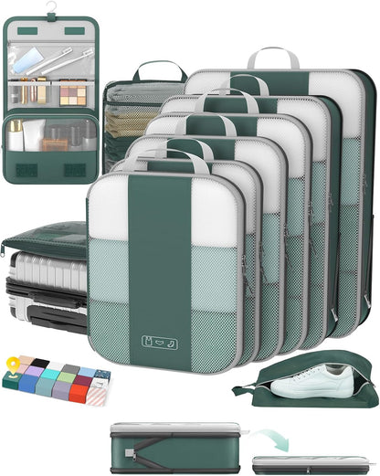 10 Set Compression Packing Cubes for Travel Essentials,Compressible Expandable Space Saver Bags for Organizing Clothes,Luggage Suitcase Garment Bags with Over 1000 pcs Mesh Holes(Black)