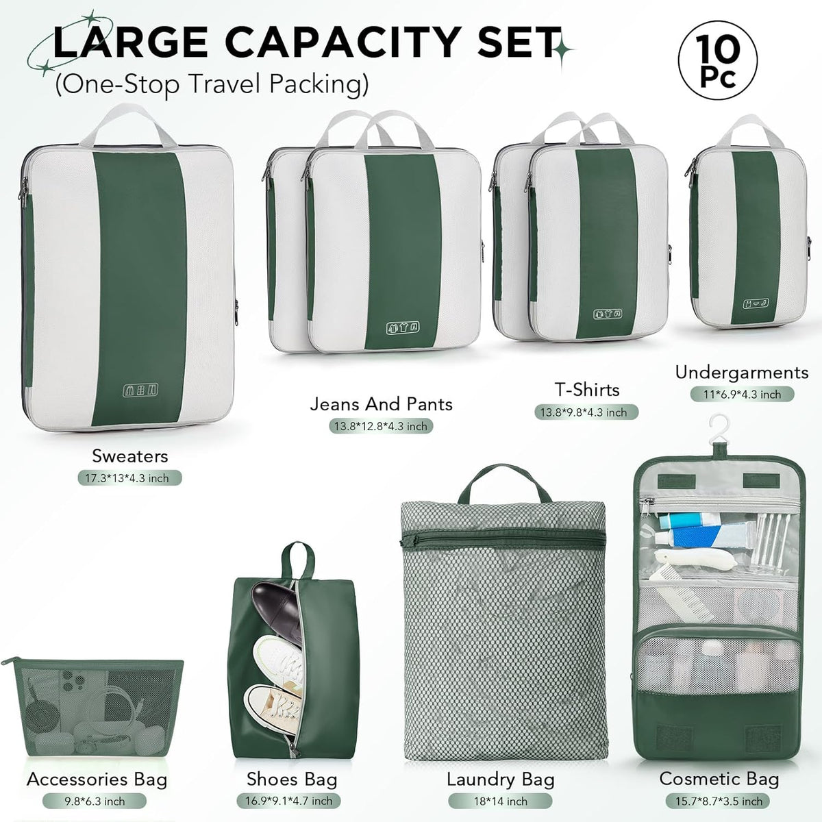 10 Set Compression Packing Cubes for Travel Essentials,Compressible Expandable Space Saver Bags for Organizing Clothes,Luggage Suitcase Garment Bags with Over 1000 pcs Mesh Holes(Black)