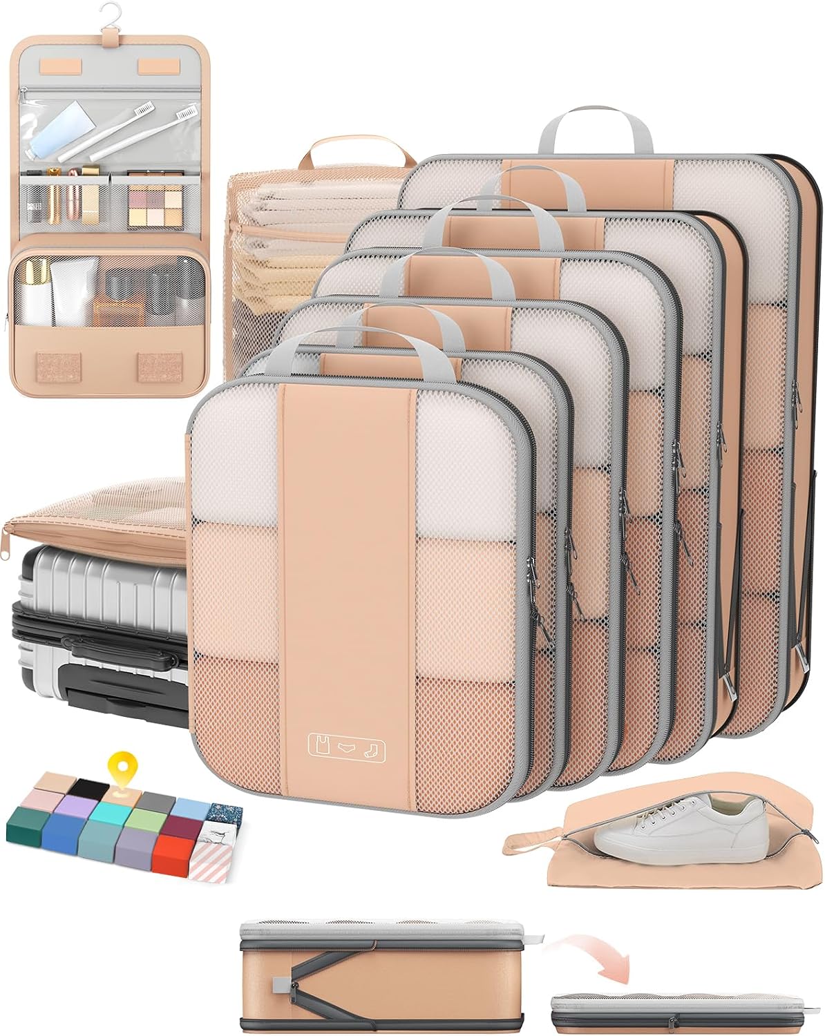 10 Set Compression Packing Cubes for Travel Essentials,Compressible Expandable Space Saver Bags for Organizing Clothes,Luggage Suitcase Garment Bags with Over 1000 pcs Mesh Holes(Black)
