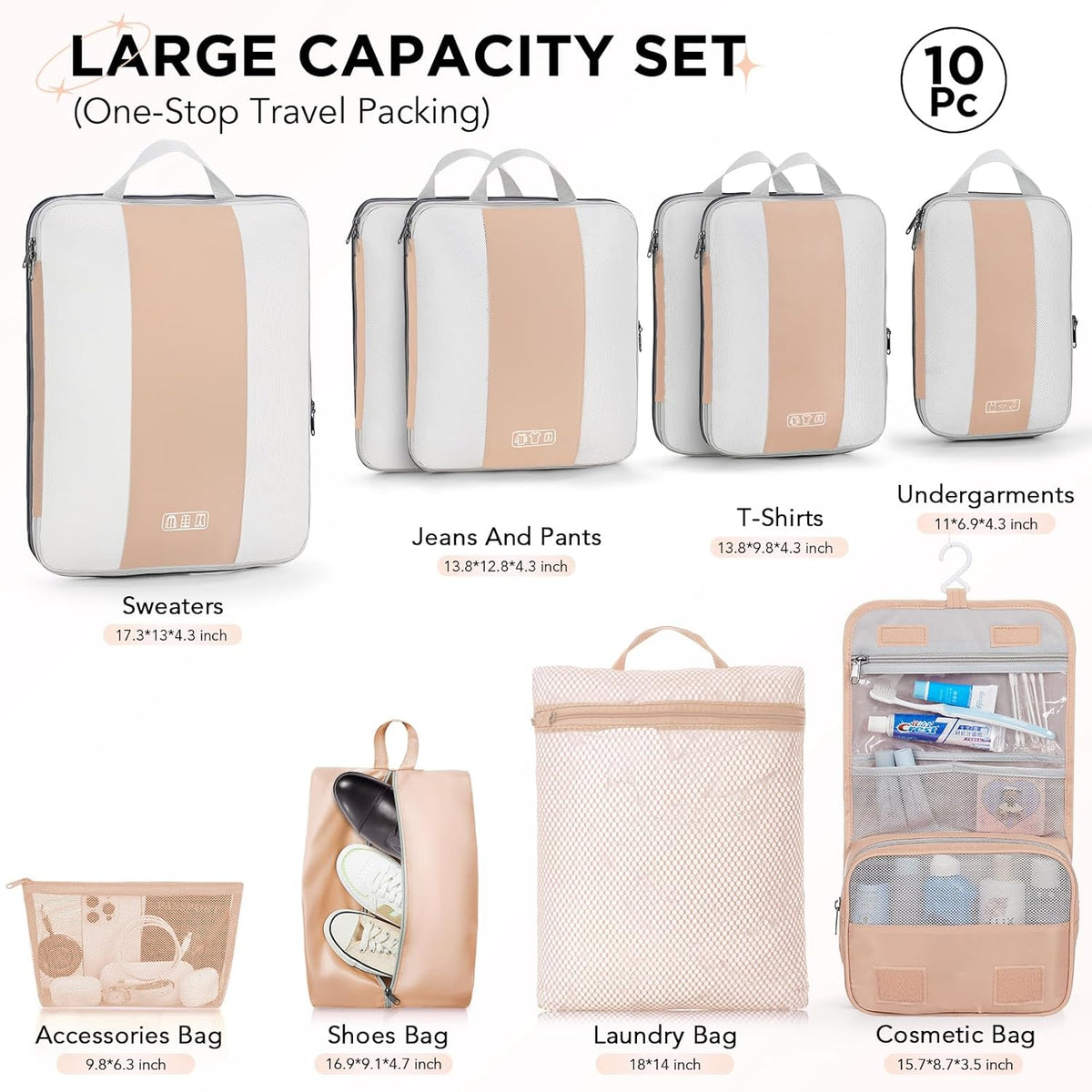 10 Set Compression Packing Cubes for Travel Essentials,Compressible Expandable Space Saver Bags for Organizing Clothes,Luggage Suitcase Garment Bags with Over 1000 pcs Mesh Holes(Black)
