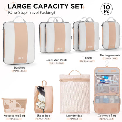 10 Set Compression Packing Cubes for Travel Essentials,Compressible Expandable Space Saver Bags for Organizing Clothes,Luggage Suitcase Garment Bags with Over 1000 pcs Mesh Holes(Black)
