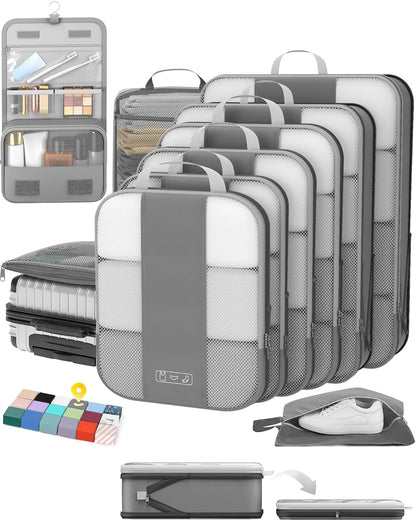 10 Set Compression Packing Cubes for Travel Essentials,Compressible Expandable Space Saver Bags for Organizing Clothes,Luggage Suitcase Garment Bags with Over 1000 pcs Mesh Holes(Black)