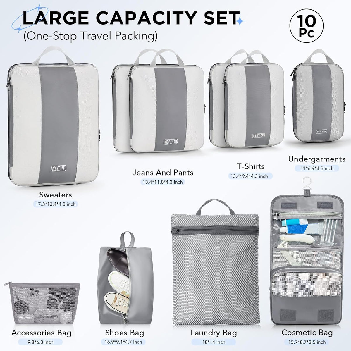 10 Set Compression Packing Cubes for Travel Essentials,Compressible Expandable Space Saver Bags for Organizing Clothes,Luggage Suitcase Garment Bags with Over 1000 pcs Mesh Holes(Black)