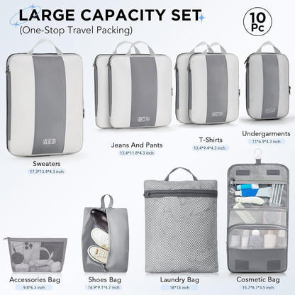 10 Set Compression Packing Cubes for Travel Essentials,Compressible Expandable Space Saver Bags for Organizing Clothes,Luggage Suitcase Garment Bags with Over 1000 pcs Mesh Holes(Black)