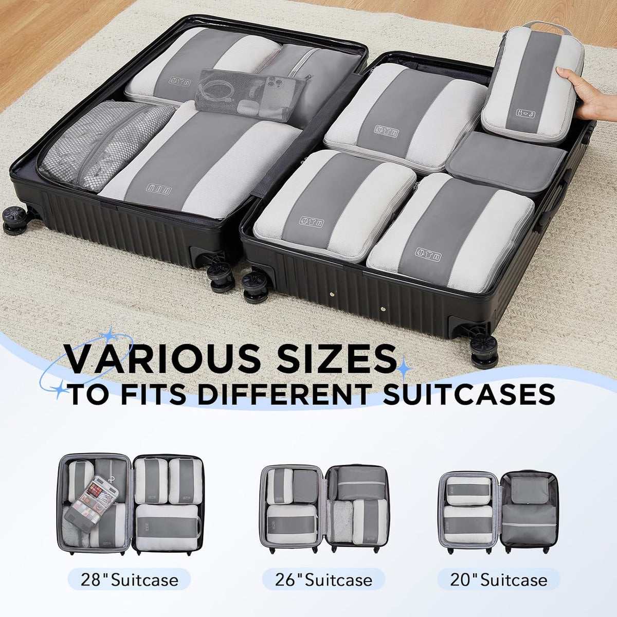 10 Set Compression Packing Cubes for Travel Essentials,Compressible Expandable Space Saver Bags for Organizing Clothes,Luggage Suitcase Garment Bags with Over 1000 pcs Mesh Holes(Black)