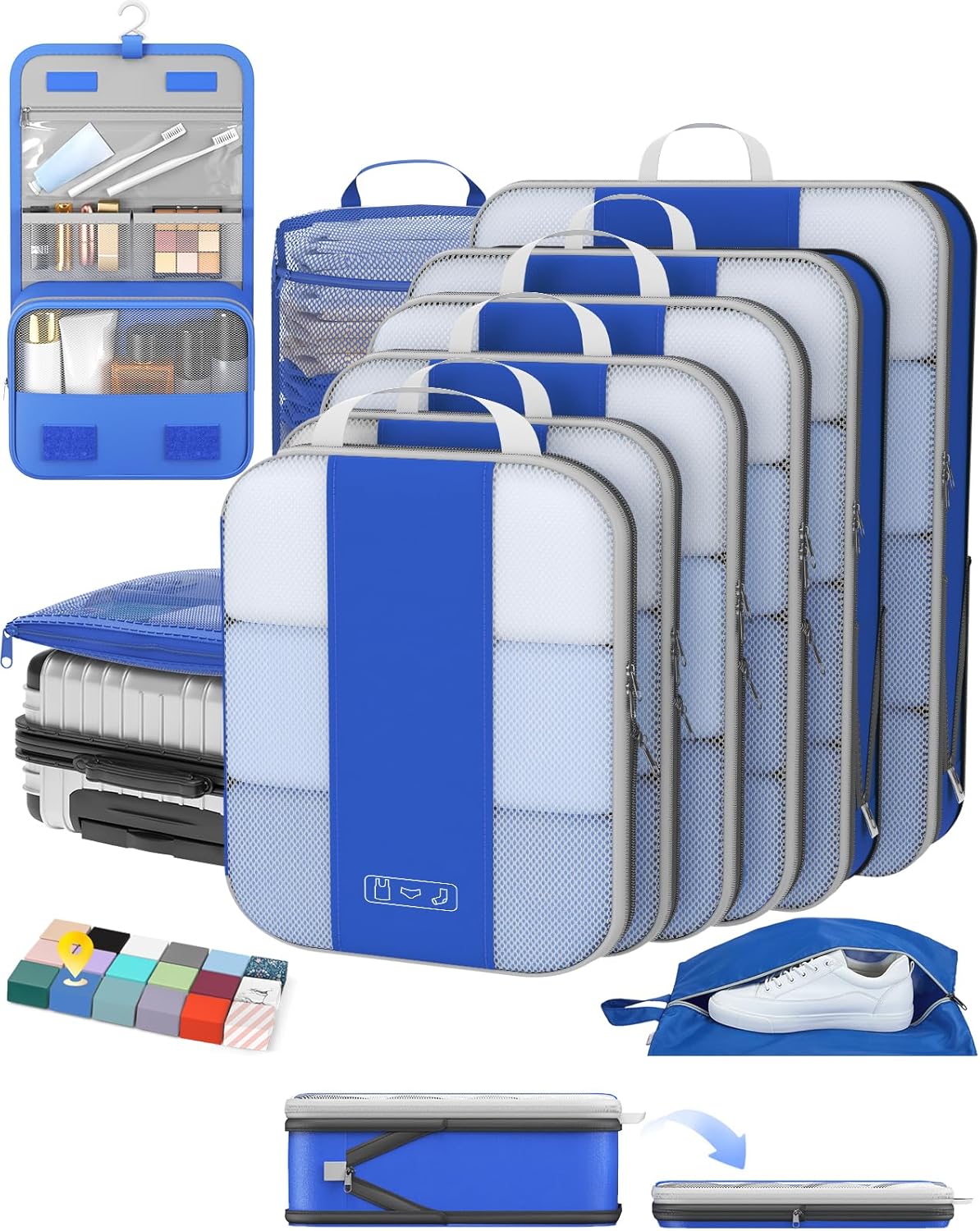 10 Set Compression Packing Cubes for Travel Essentials,Compressible Expandable Space Saver Bags for Organizing Clothes,Luggage Suitcase Garment Bags with Over 1000 pcs Mesh Holes(Black)