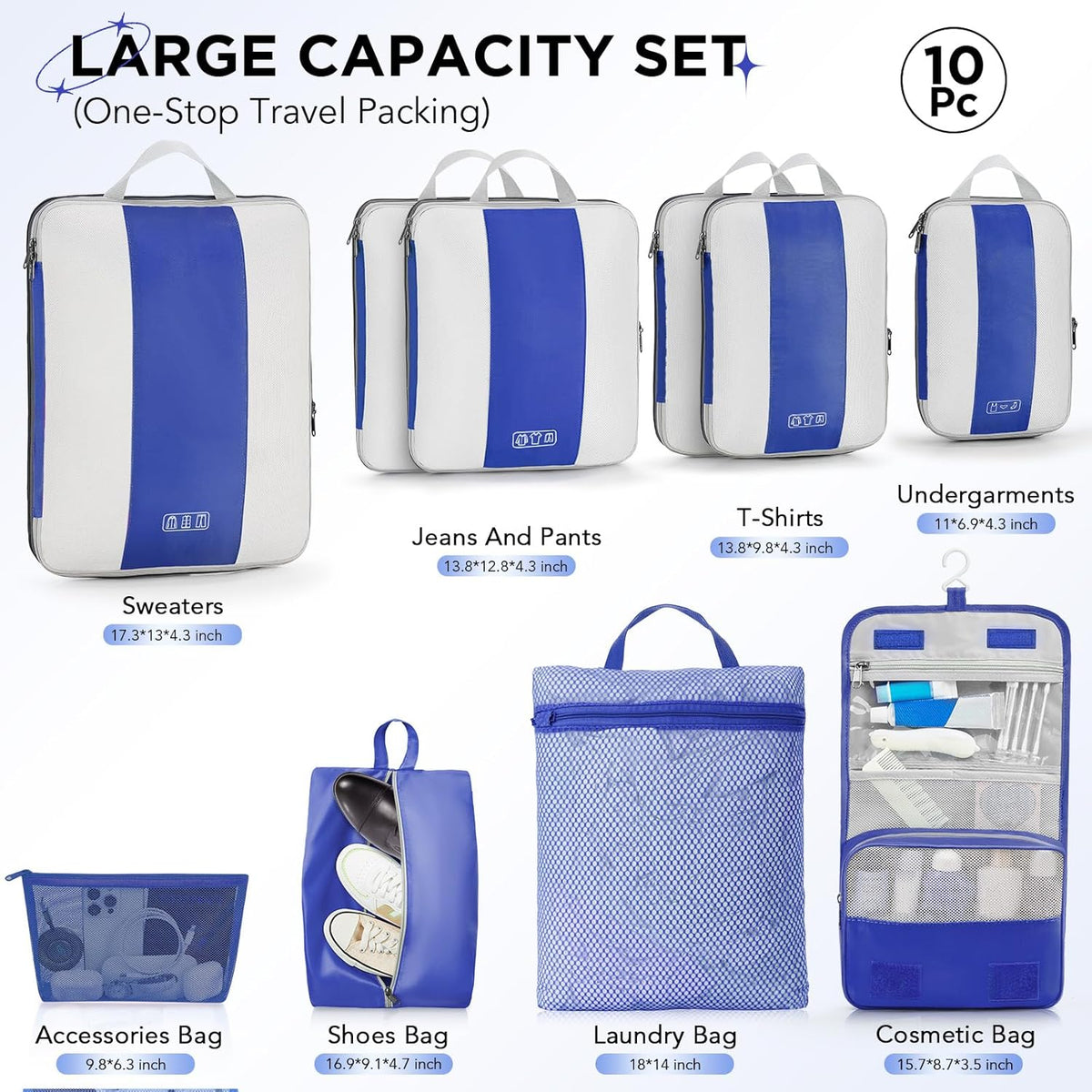 10 Set Compression Packing Cubes for Travel Essentials,Compressible Expandable Space Saver Bags for Organizing Clothes,Luggage Suitcase Garment Bags with Over 1000 pcs Mesh Holes(Black)