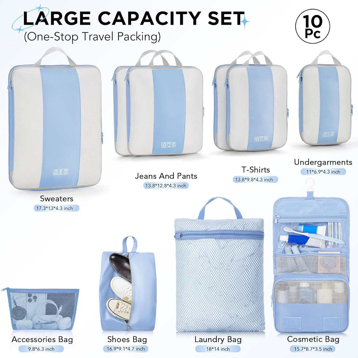 10 Set Compression Packing Cubes for Travel Essentials,Compressible Expandable Space Saver Bags for Organizing Clothes,Luggage Suitcase Garment Bags with Over 1000 pcs Mesh Holes(Black)