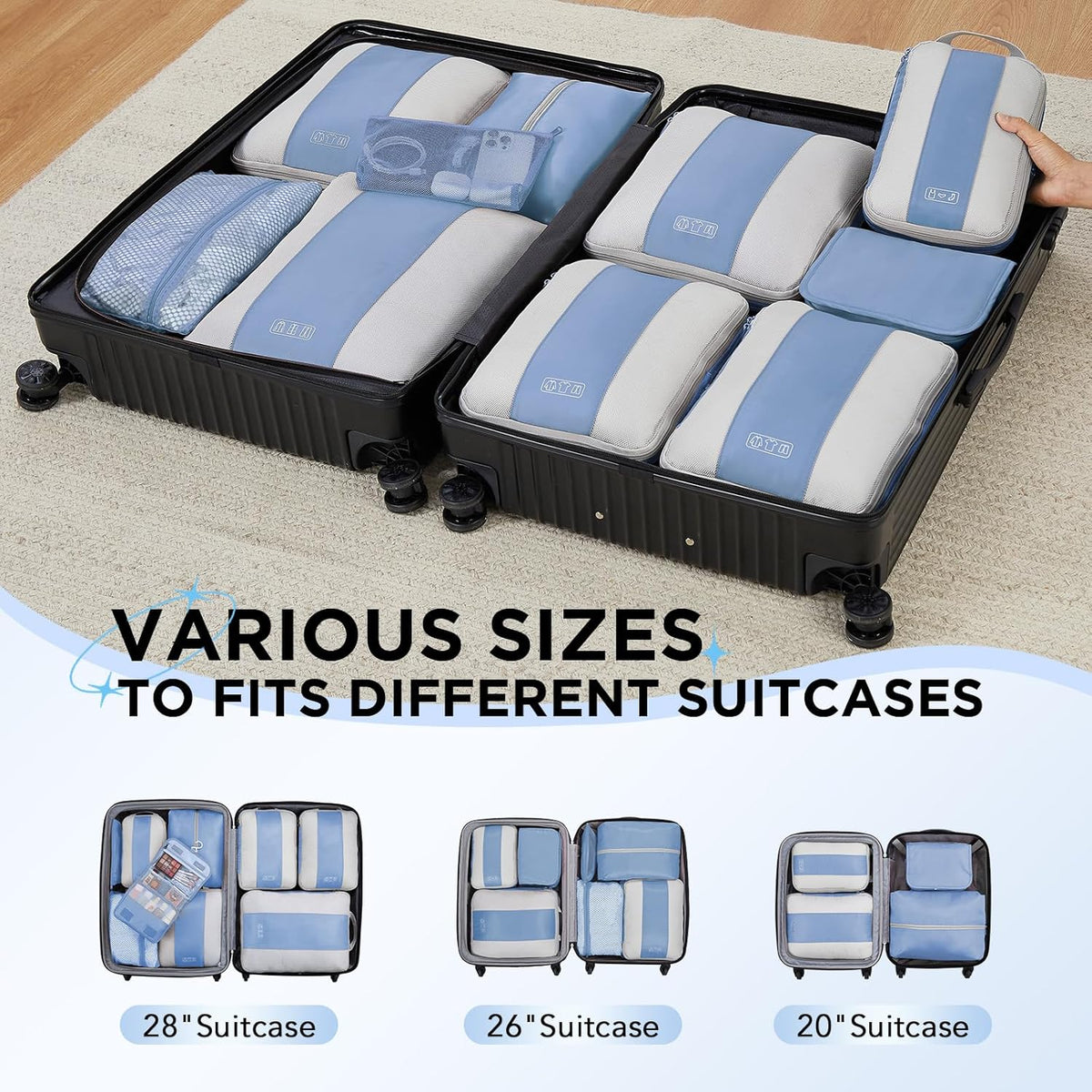 10 Set Compression Packing Cubes for Travel Essentials,Compressible Expandable Space Saver Bags for Organizing Clothes,Luggage Suitcase Garment Bags with Over 1000 pcs Mesh Holes(Black)