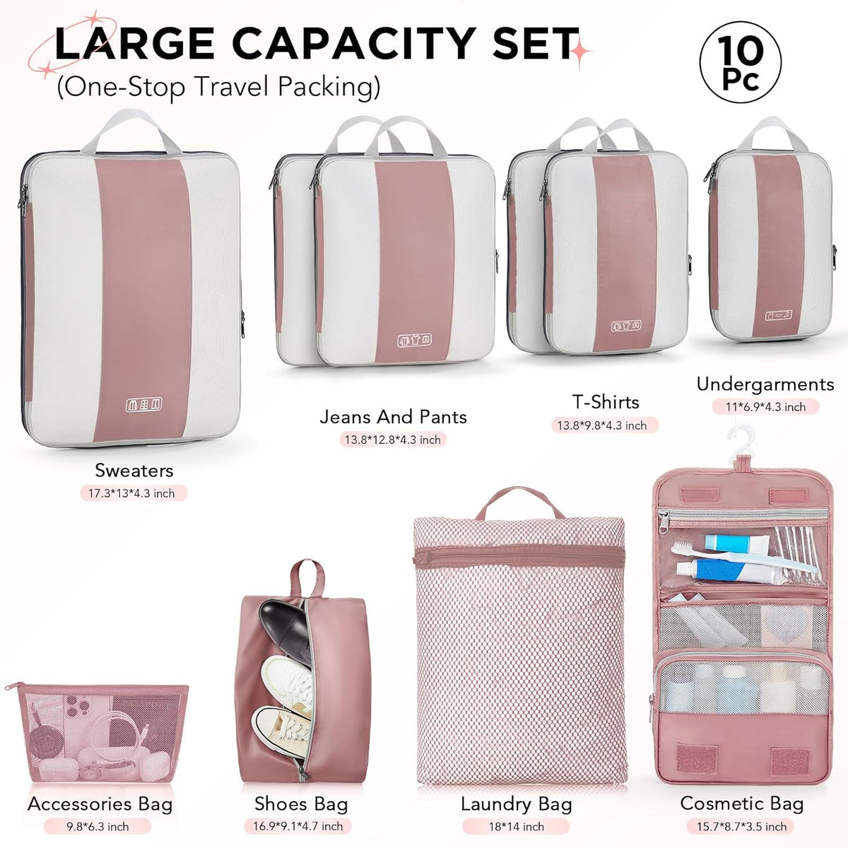 10 Set Compression Packing Cubes for Travel Essentials,Compressible Expandable Space Saver Bags for Organizing Clothes,Luggage Suitcase Garment Bags with Over 1000 pcs Mesh Holes(Black)