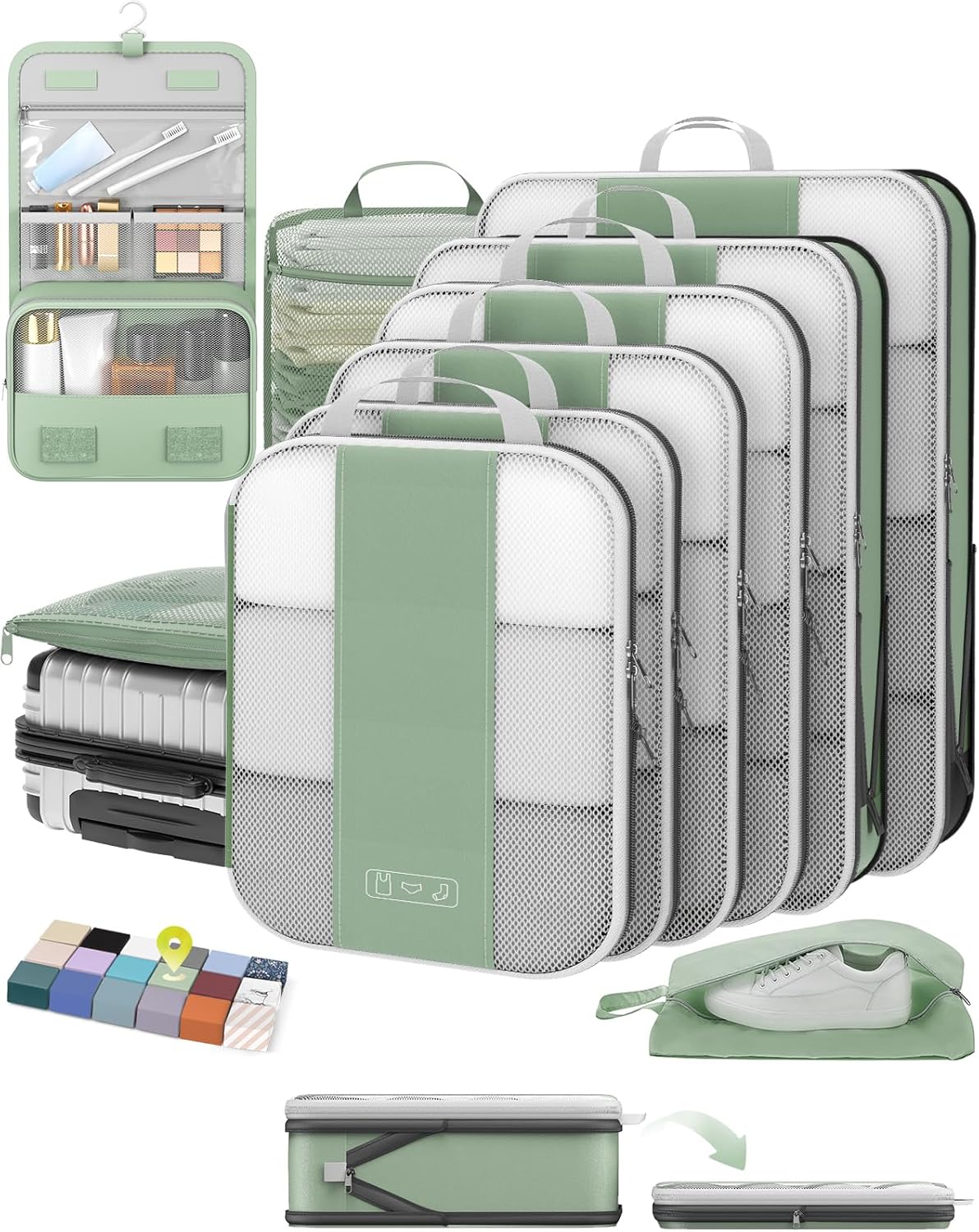 10 Set Compression Packing Cubes for Travel Essentials,Compressible Expandable Space Saver Bags for Organizing Clothes,Luggage Suitcase Garment Bags with Over 1000 pcs Mesh Holes(Black)