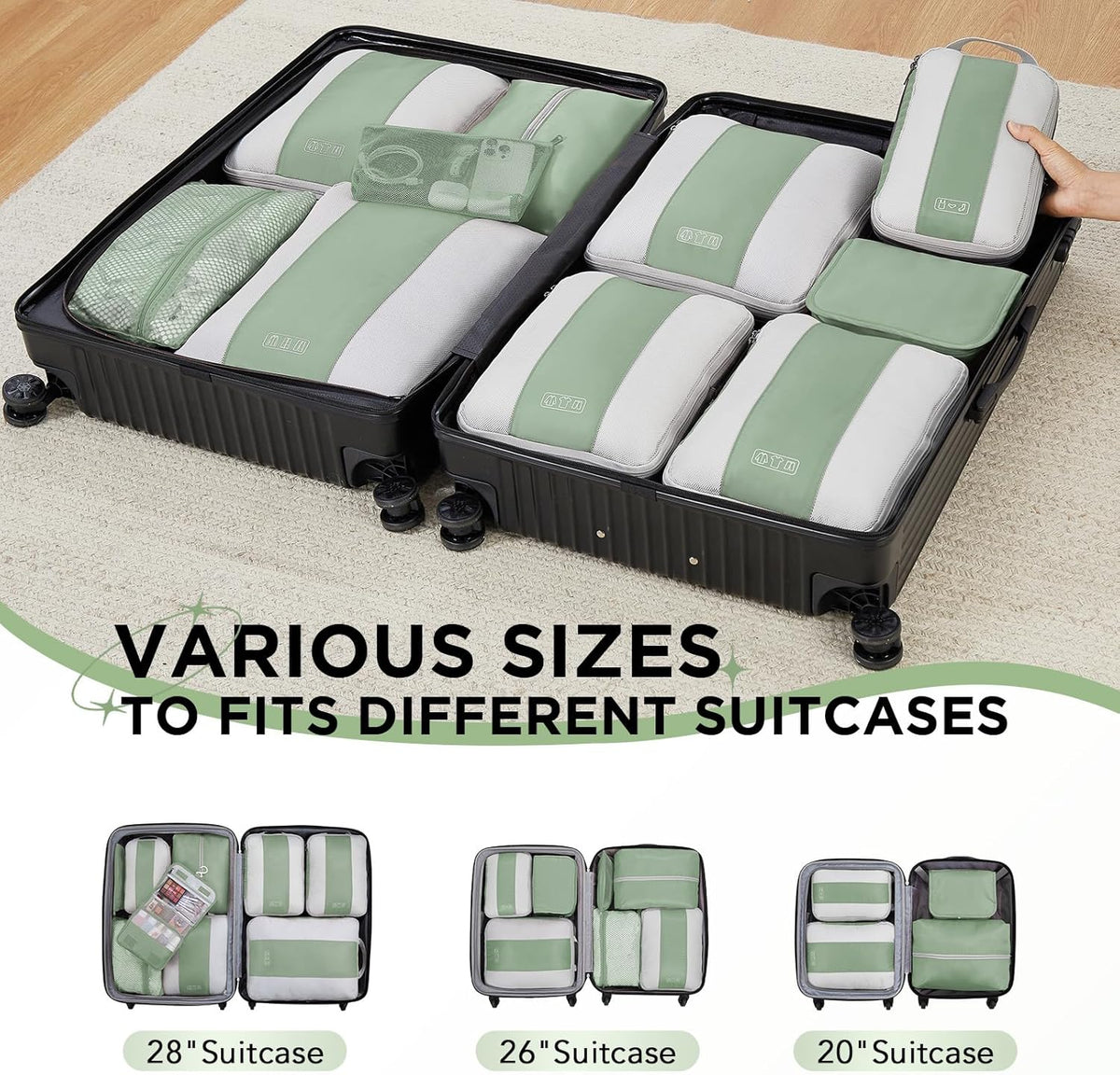 10 Set Compression Packing Cubes for Travel Essentials,Compressible Expandable Space Saver Bags for Organizing Clothes,Luggage Suitcase Garment Bags with Over 1000 pcs Mesh Holes(Black)