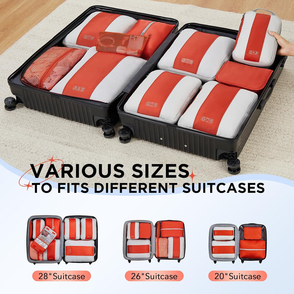 10 Set Compression Packing Cubes for Travel Essentials,Compressible Expandable Space Saver Bags for Organizing Clothes,Luggage Suitcase Garment Bags with Over 1000 pcs Mesh Holes(Black)