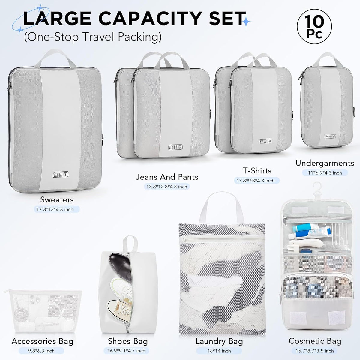 10 Set Compression Packing Cubes for Travel Essentials,Compressible Expandable Space Saver Bags for Organizing Clothes,Luggage Suitcase Garment Bags with Over 1000 pcs Mesh Holes(Black)