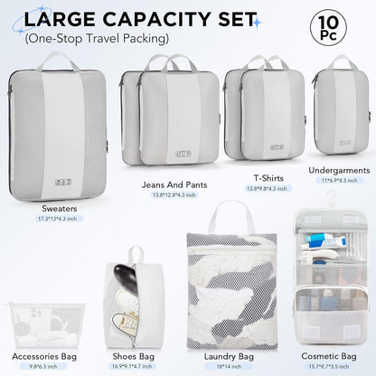 10 Set Compression Packing Cubes for Travel Essentials,Compressible Expandable Space Saver Bags for Organizing Clothes,Luggage Suitcase Garment Bags with Over 1000 pcs Mesh Holes(Black)