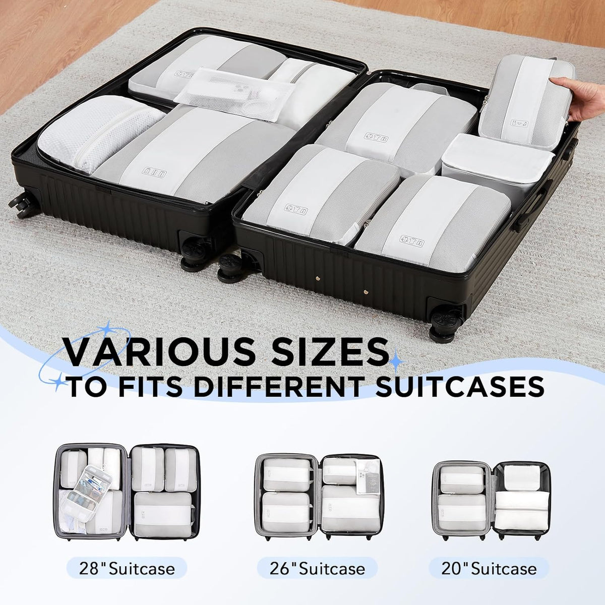 10 Set Compression Packing Cubes for Travel Essentials,Compressible Expandable Space Saver Bags for Organizing Clothes,Luggage Suitcase Garment Bags with Over 1000 pcs Mesh Holes(Black)
