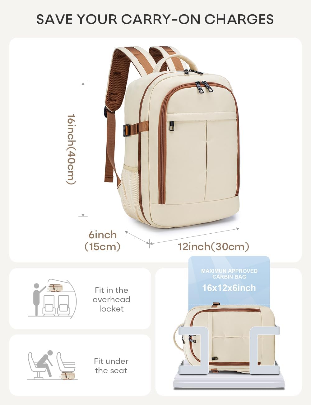 40x30x15cm Personal Item Bag Underseat Travel Backpack 17x13x6 Inches Underseat Personal Item Bag for Airlines Lightweight Carry on Luggage Flight Approved for College Weekender Beige
