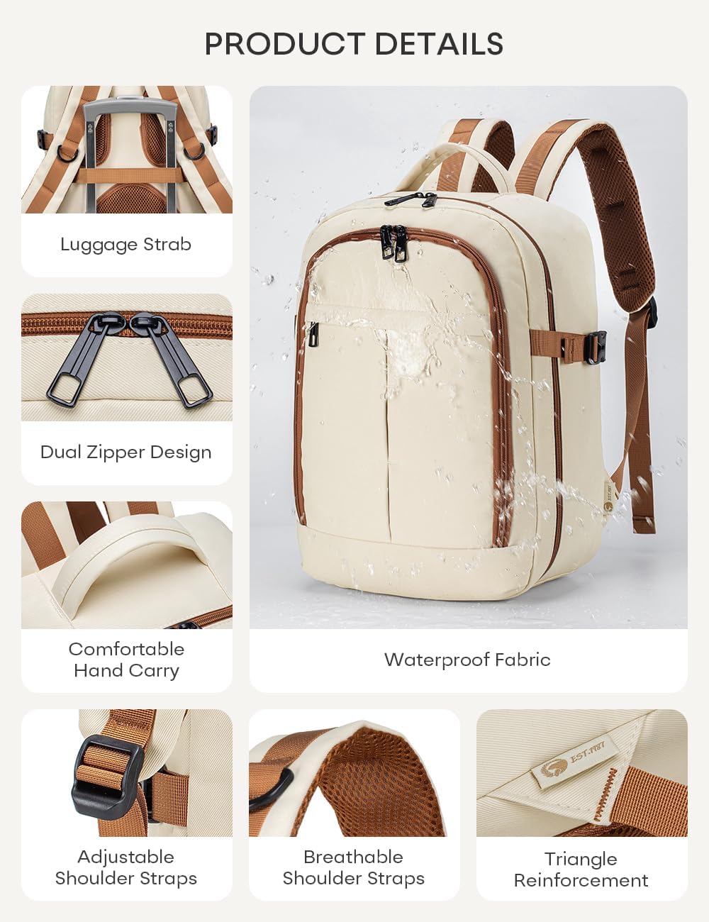 40x30x15cm Personal Item Bag Underseat Travel Backpack 17x13x6 Inches Underseat Personal Item Bag for Airlines Lightweight Carry on Luggage Flight Approved for College Weekender Beige