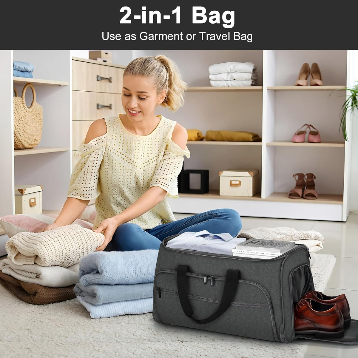 Travel Garment Bag, 55L 2-in-1 Convertible Carry-On Suit Bag with Full-Zip 360-Degree Protection for Business Travel & Weddings, Hanging Suitcase Duffel Bag, Midnight Grey
