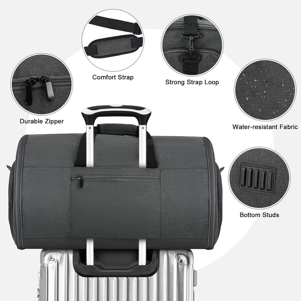 Travel Garment Bag, 55L 2-in-1 Convertible Carry-On Suit Bag with Full-Zip 360-Degree Protection for Business Travel & Weddings, Hanging Suitcase Duffel Bag, Midnight Grey