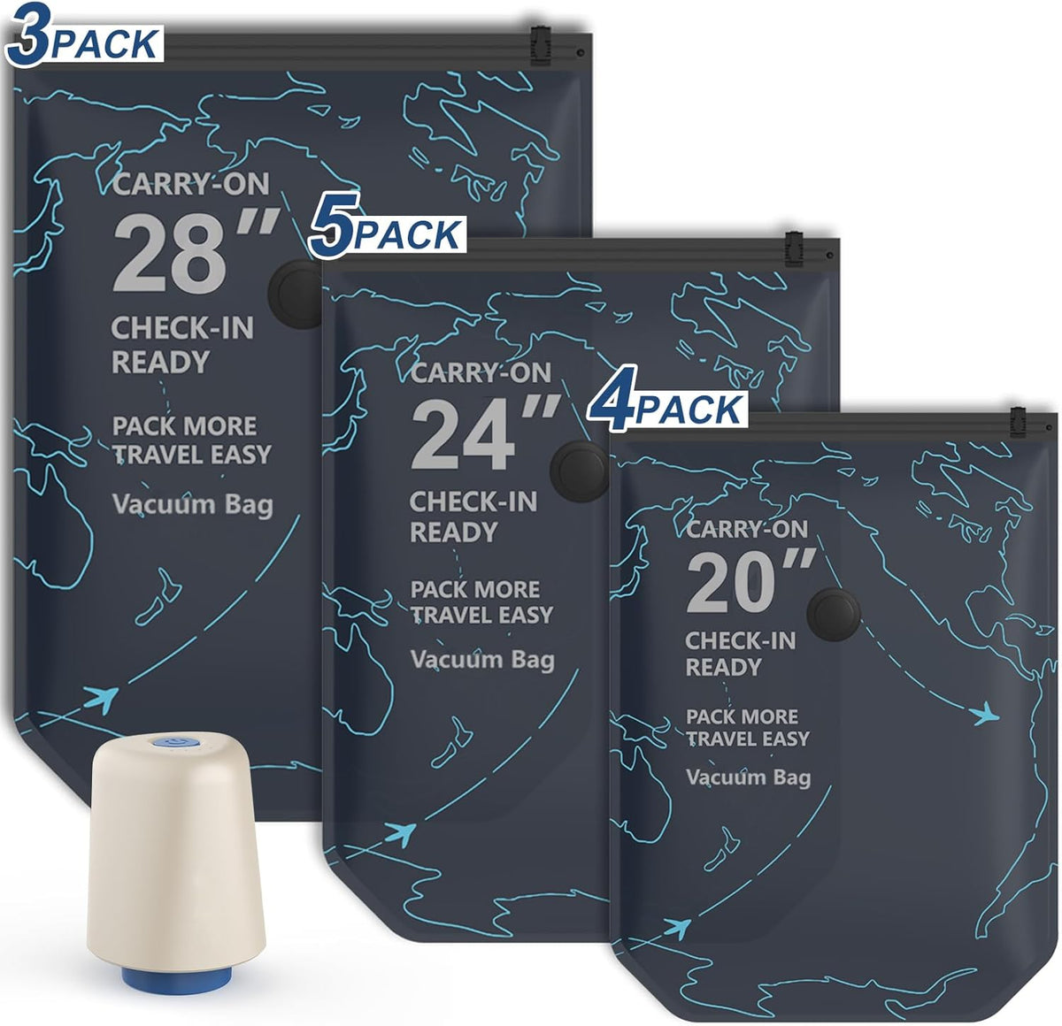 Vacuum Seal Bags for Clothing Travel with Electric Pump (3 Large 28", 5 Medium 24", 4 Small 20") Heavy Duty 0.08mm Travel Vacuum Bags for Luggage & Moving, Reclaim 80% Space