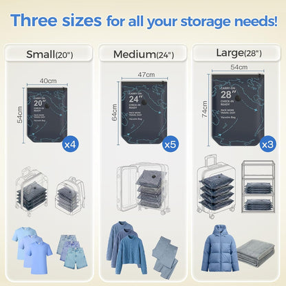 Vacuum Seal Bags for Clothing Travel with Electric Pump (3 Large 28", 5 Medium 24", 4 Small 20") Heavy Duty 0.08mm Travel Vacuum Bags for Luggage & Moving, Reclaim 80% Space