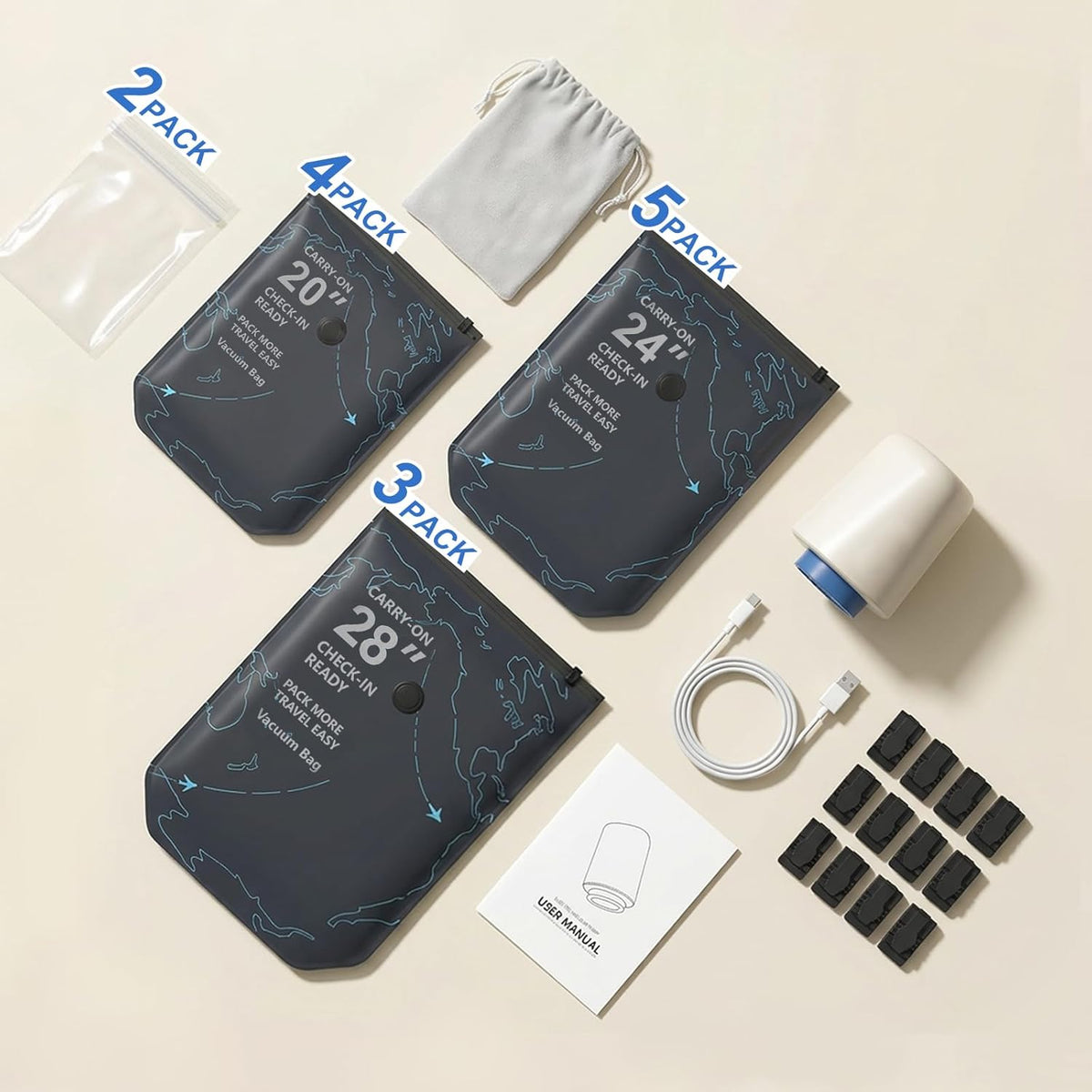 Vacuum Seal Bags for Clothing Travel with Electric Pump (3 Large 28", 5 Medium 24", 4 Small 20") Heavy Duty 0.08mm Travel Vacuum Bags for Luggage & Moving, Reclaim 80% Space