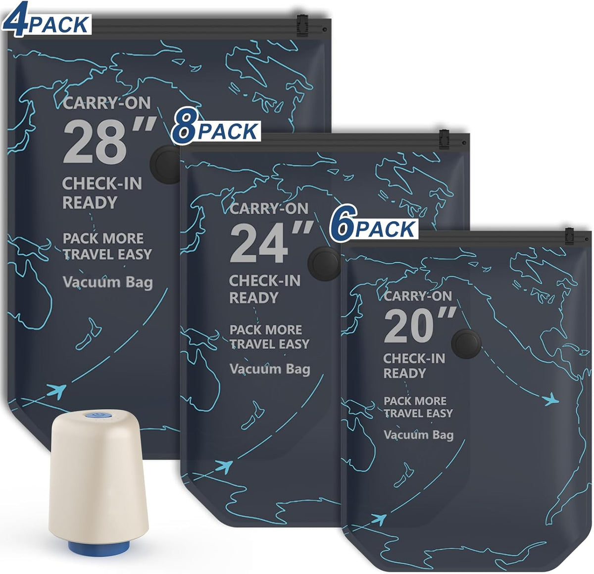 Vacuum Seal Bags for Clothing Travel with Electric Pump (3 Large 28", 5 Medium 24", 4 Small 20") Heavy Duty 0.08mm Travel Vacuum Bags for Luggage & Moving, Reclaim 80% Space