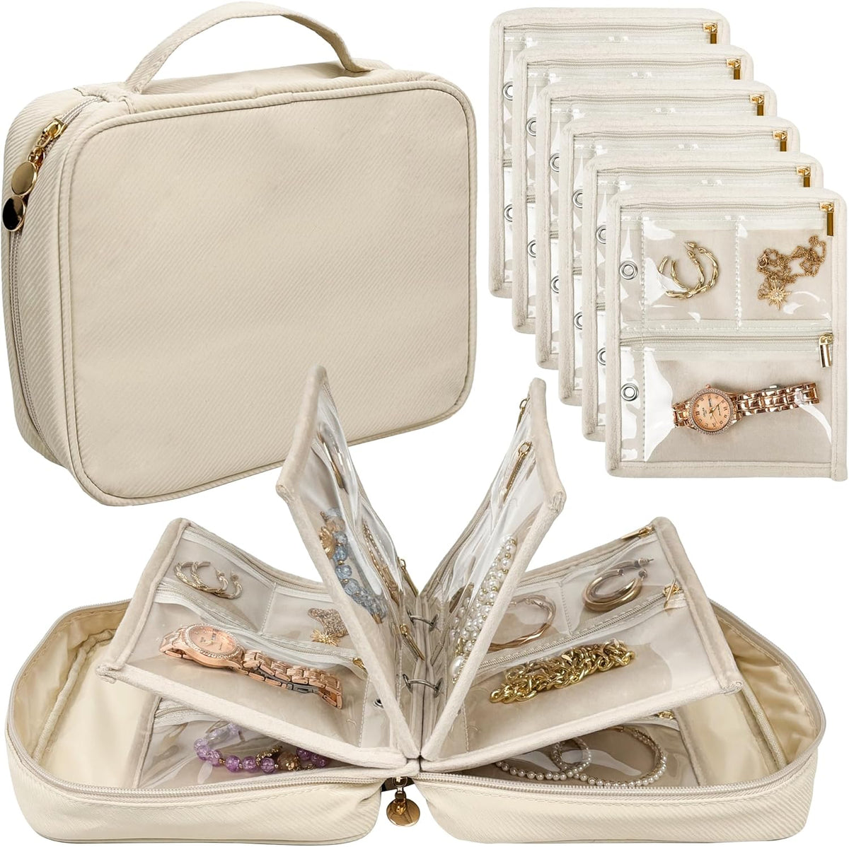 Travel Jewelry Organizer Case,Small Jewelry Bags Jewelry Storage Book Binder with Clear Zipper Velvet Pouch for Traveling,Earrings, Rings, Necklace, Bracelet (Pink)