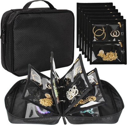 Travel Jewelry Organizer Case,Small Jewelry Bags Jewelry Storage Book Binder with Clear Zipper Velvet Pouch for Traveling,Earrings, Rings, Necklace, Bracelet (Pink)