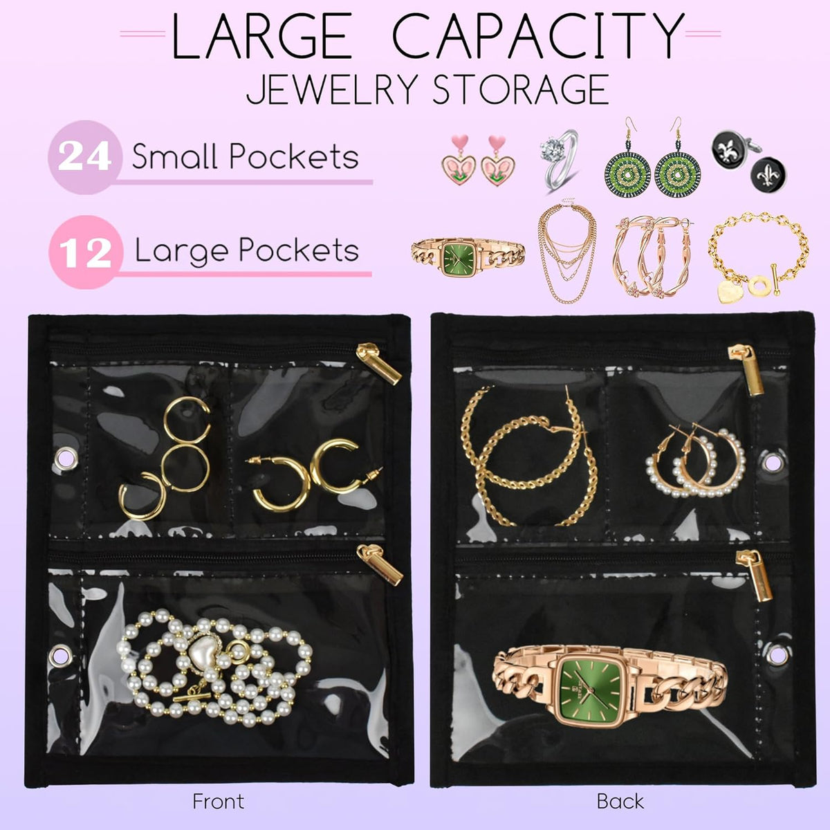 Travel Jewelry Organizer Case,Small Jewelry Bags Jewelry Storage Book Binder with Clear Zipper Velvet Pouch for Traveling,Earrings, Rings, Necklace, Bracelet (Pink)
