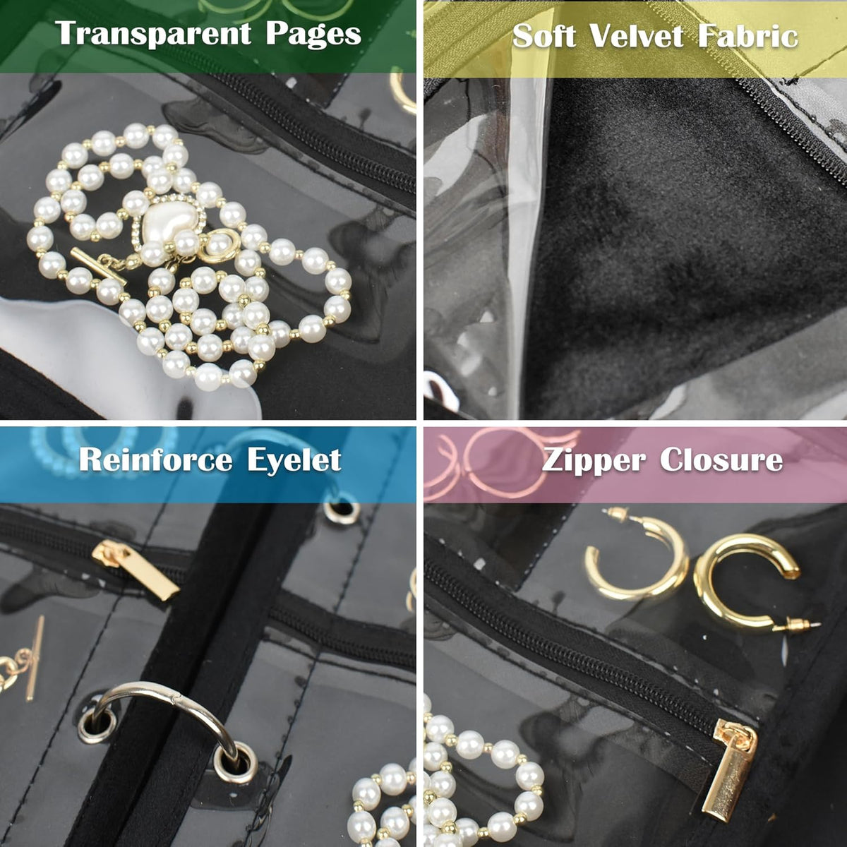 Travel Jewelry Organizer Case,Small Jewelry Bags Jewelry Storage Book Binder with Clear Zipper Velvet Pouch for Traveling,Earrings, Rings, Necklace, Bracelet (Pink)