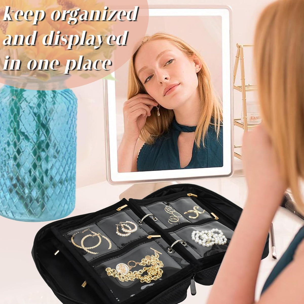 Travel Jewelry Organizer Case,Small Jewelry Bags Jewelry Storage Book Binder with Clear Zipper Velvet Pouch for Traveling,Earrings, Rings, Necklace, Bracelet (Pink)