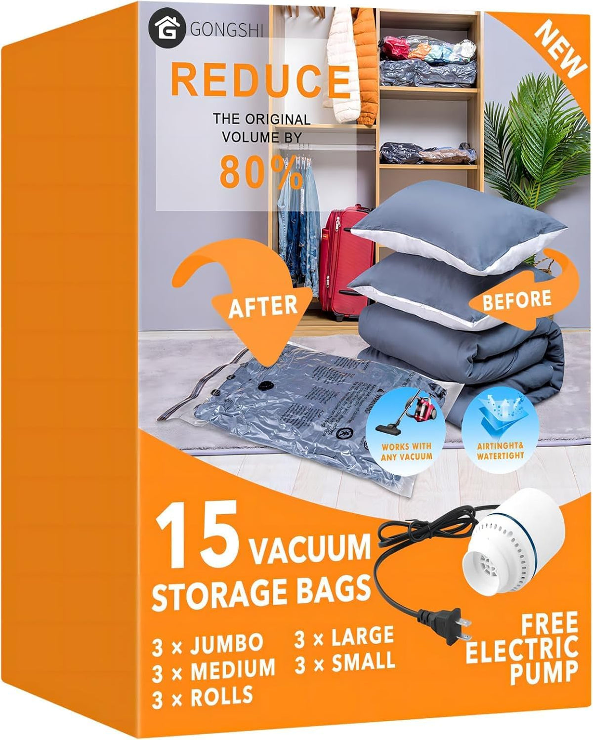 Vacuum Seal Bags for Clothing Travel & Home Storage, Travel Vacuum Bags with Pump,Space Saver for Blankets, Comforters, Pillows, Clothes,24 Combo with Electric Pump
