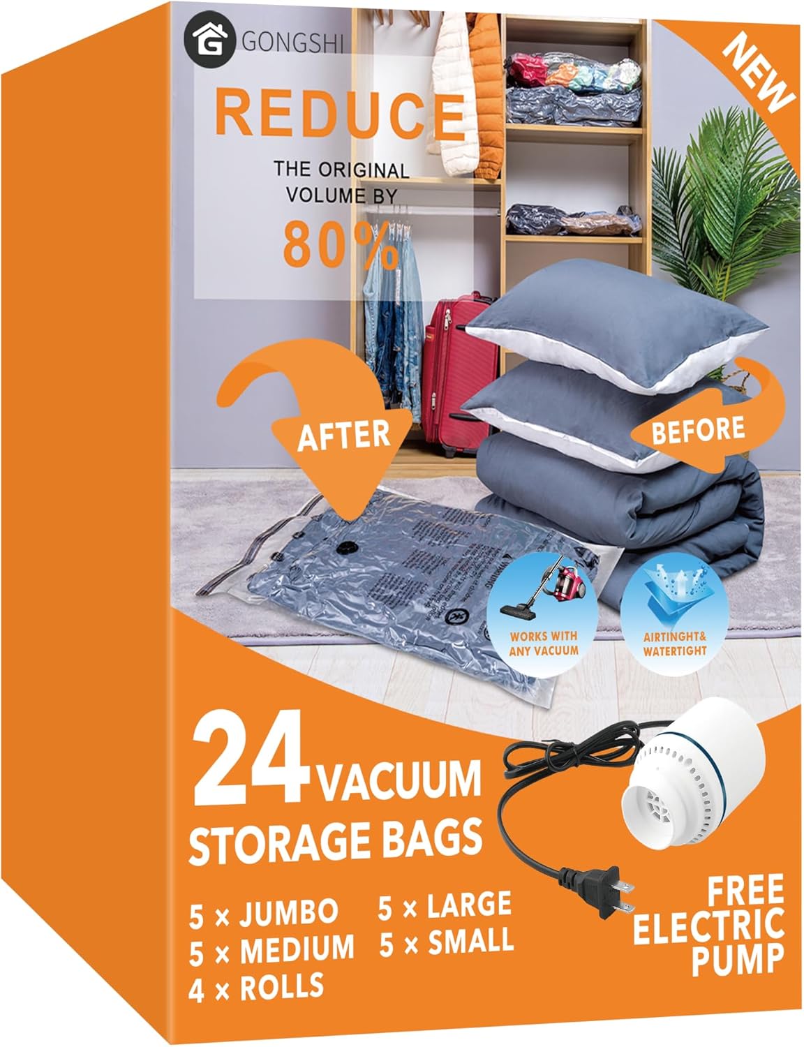 Vacuum Seal Bags for Clothing Travel & Home Storage, Travel Vacuum Bags with Pump,Space Saver for Blankets, Comforters, Pillows, Clothes,24 Combo with Electric Pump