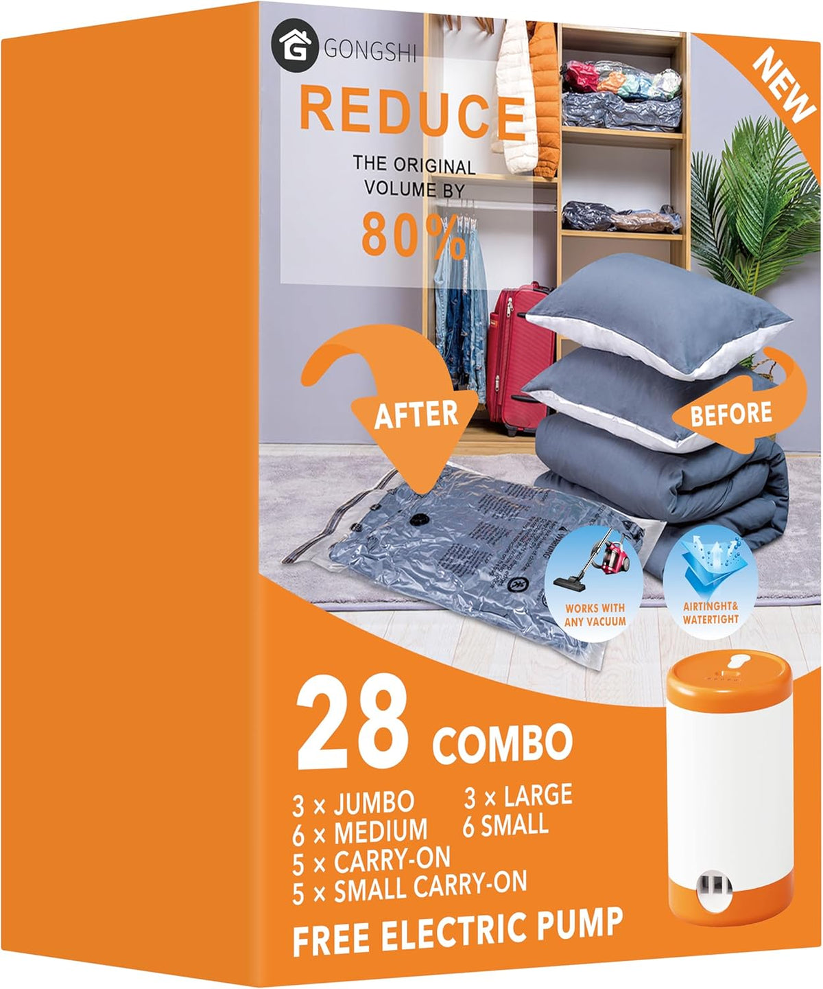 Vacuum Seal Bags for Clothing Travel & Home Storage, Travel Vacuum Bags with Pump,Space Saver for Blankets, Comforters, Pillows, Clothes,24 Combo with Electric Pump