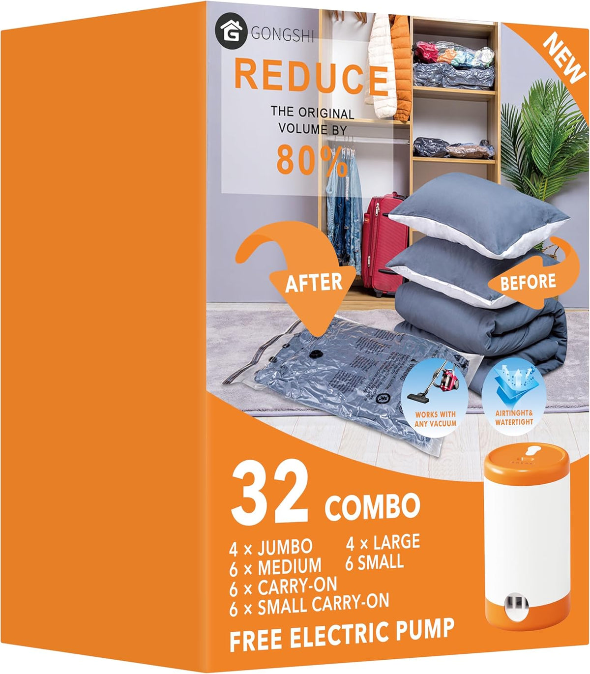 Vacuum Seal Bags for Clothing Travel & Home Storage, Travel Vacuum Bags with Pump,Space Saver for Blankets, Comforters, Pillows, Clothes,24 Combo with Electric Pump