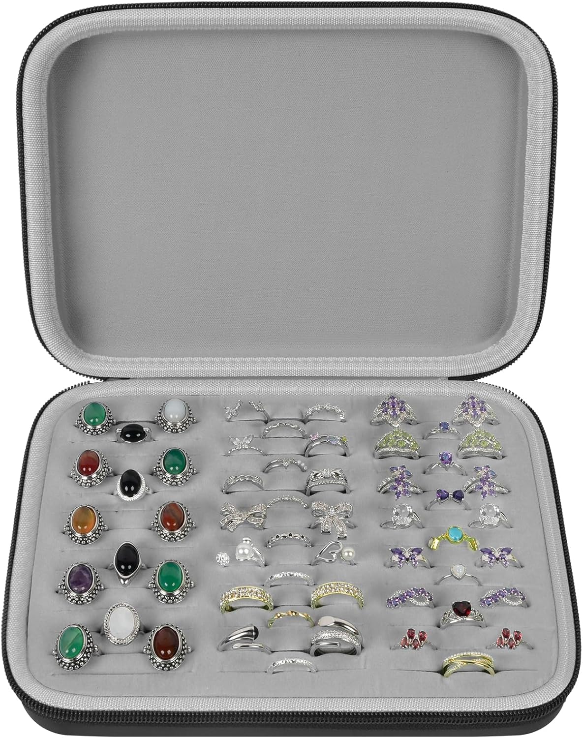Ring Organizer Box, 42-Slot Hard Shell Case, Holds 50+ Pieces, Black | EVA and PU Carry Case with Velvet Foam Slots, Zipper and Handle for Collectors, Travel, Hotels, Weddings and Displays