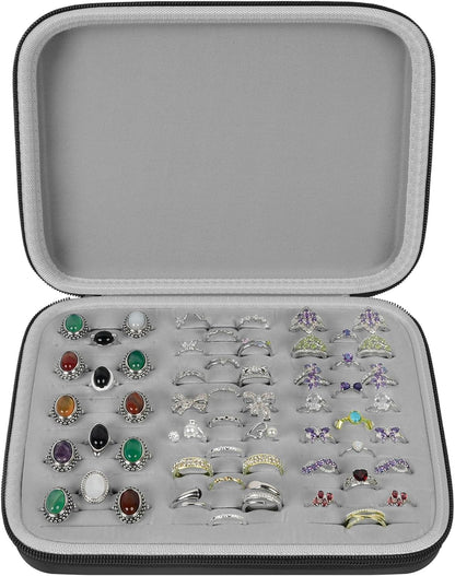 Ring Organizer Box, 42-Slot Hard Shell Case, Holds 50+ Pieces, Black | EVA and PU Carry Case with Velvet Foam Slots, Zipper and Handle for Collectors, Travel, Hotels, Weddings and Displays