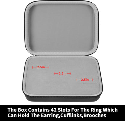 Ring Organizer Box, 42-Slot Hard Shell Case, Holds 50+ Pieces, Black | EVA and PU Carry Case with Velvet Foam Slots, Zipper and Handle for Collectors, Travel, Hotels, Weddings and Displays