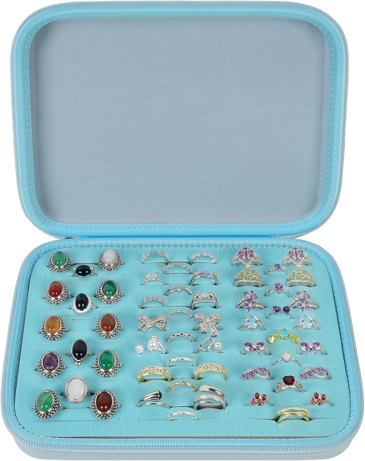 Ring Organizer Box, 42-Slot Hard Shell Case, Holds 50+ Pieces, Black | EVA and PU Carry Case with Velvet Foam Slots, Zipper and Handle for Collectors, Travel, Hotels, Weddings and Displays