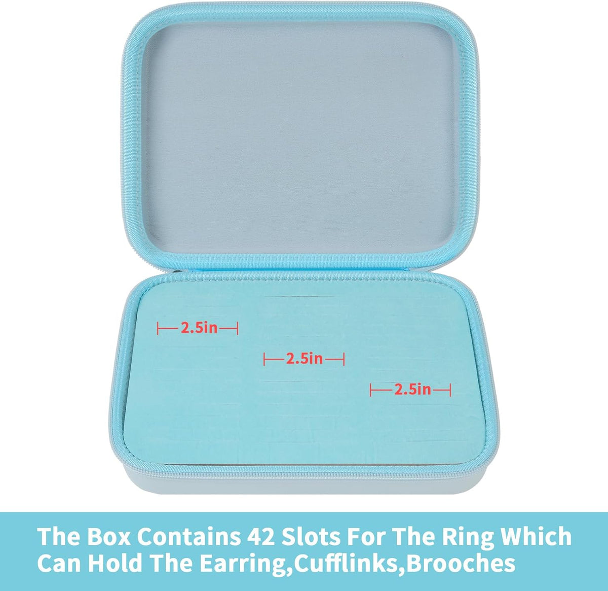 Ring Organizer Box, 42-Slot Hard Shell Case, Holds 50+ Pieces, Black | EVA and PU Carry Case with Velvet Foam Slots, Zipper and Handle for Collectors, Travel, Hotels, Weddings and Displays