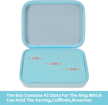 Ring Organizer Box, 42-Slot Hard Shell Case, Holds 50+ Pieces, Black | EVA and PU Carry Case with Velvet Foam Slots, Zipper and Handle for Collectors, Travel, Hotels, Weddings and Displays