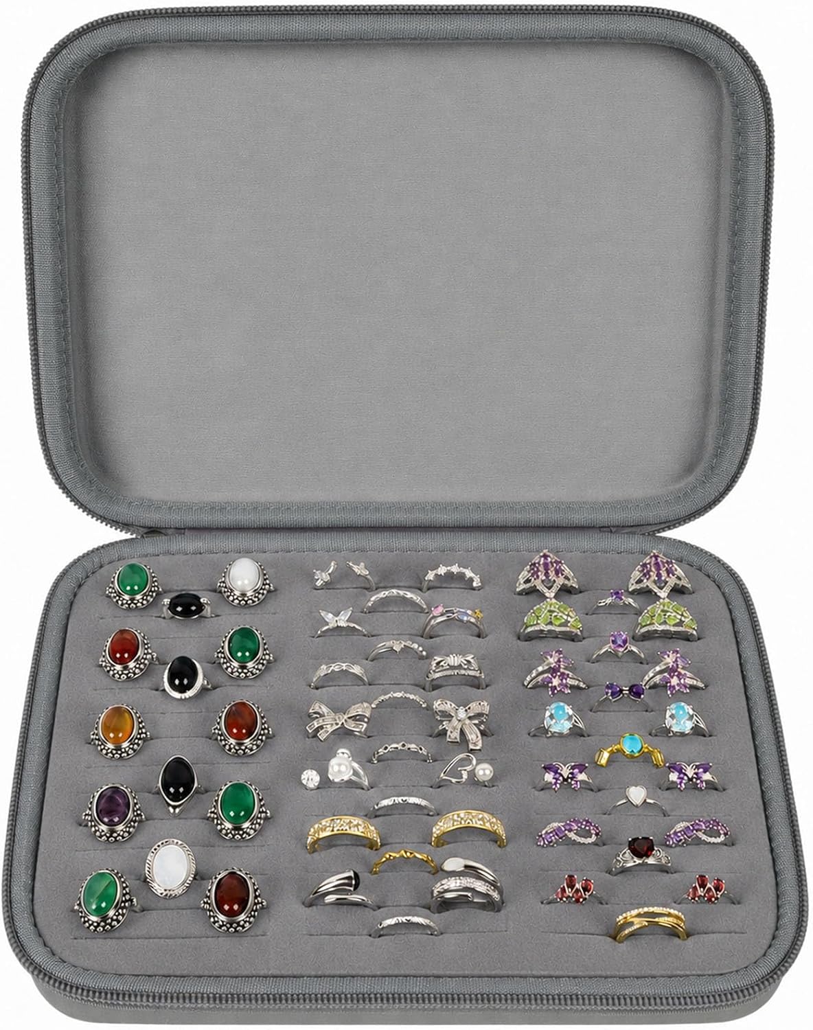 Ring Organizer Box, 42-Slot Hard Shell Case, Holds 50+ Pieces, Black | EVA and PU Carry Case with Velvet Foam Slots, Zipper and Handle for Collectors, Travel, Hotels, Weddings and Displays