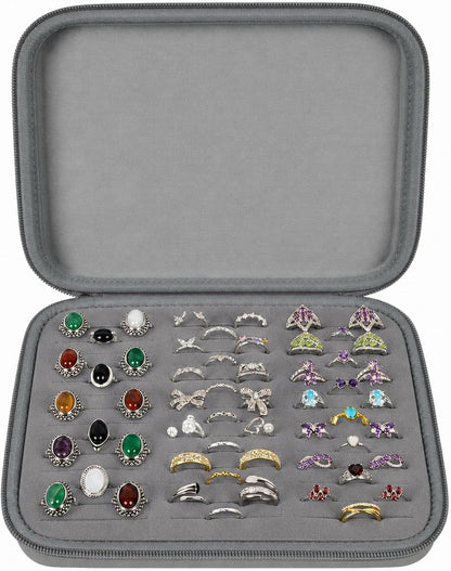 Ring Organizer Box, 42-Slot Hard Shell Case, Holds 50+ Pieces, Black | EVA and PU Carry Case with Velvet Foam Slots, Zipper and Handle for Collectors, Travel, Hotels, Weddings and Displays