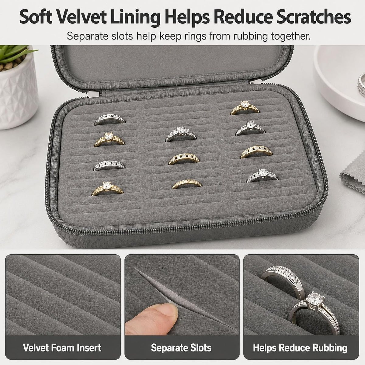 Ring Organizer Box, 42-Slot Hard Shell Case, Holds 50+ Pieces, Black | EVA and PU Carry Case with Velvet Foam Slots, Zipper and Handle for Collectors, Travel, Hotels, Weddings and Displays