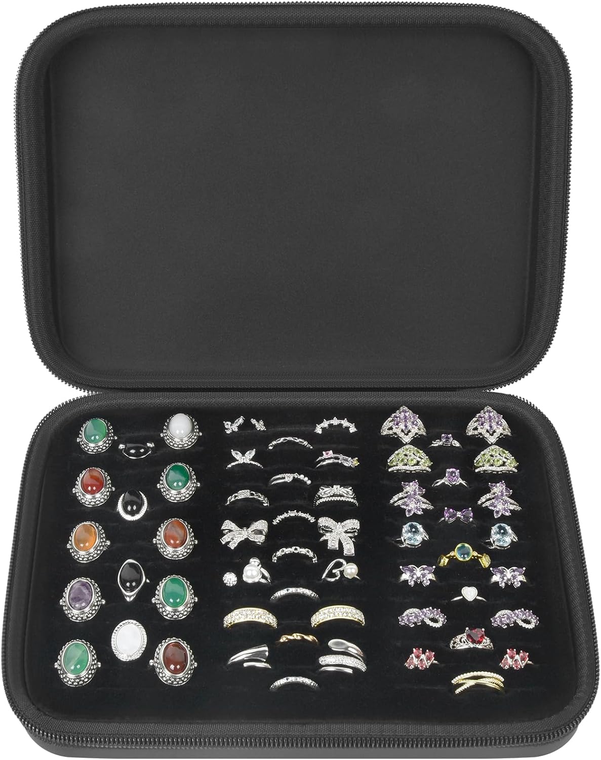 Ring Organizer Box, 42-Slot Hard Shell Case, Holds 50+ Pieces, Black | EVA and PU Carry Case with Velvet Foam Slots, Zipper and Handle for Collectors, Travel, Hotels, Weddings and Displays