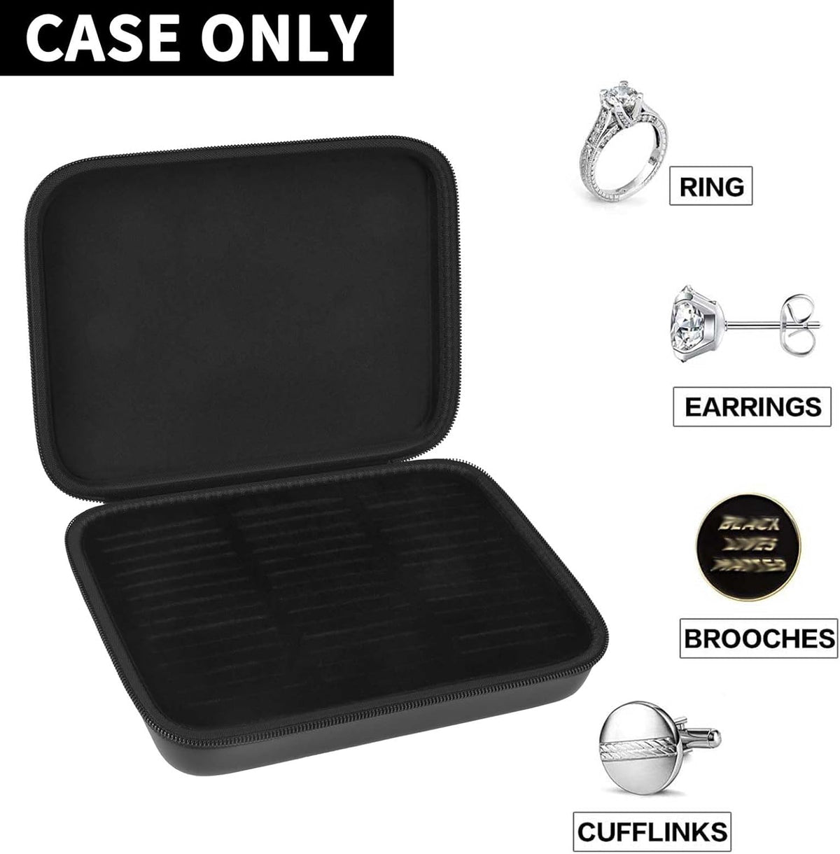 Ring Organizer Box, 42-Slot Hard Shell Case, Holds 50+ Pieces, Black | EVA and PU Carry Case with Velvet Foam Slots, Zipper and Handle for Collectors, Travel, Hotels, Weddings and Displays