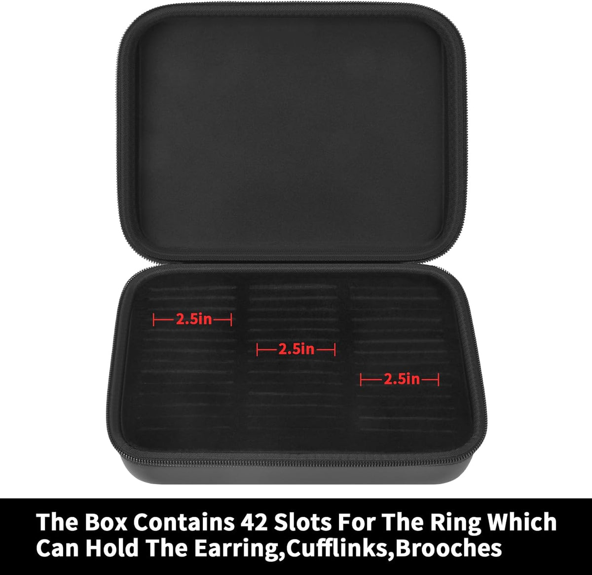 Ring Organizer Box, 42-Slot Hard Shell Case, Holds 50+ Pieces, Black | EVA and PU Carry Case with Velvet Foam Slots, Zipper and Handle for Collectors, Travel, Hotels, Weddings and Displays